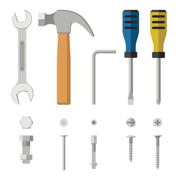 Construction tools and fixing. Screws, bolts and hand tools flat icons. Construction equipment and fixing. nail work tool stock illustrations