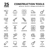 Construction Tools Vector Style Thin Line Icons on a 32 pixel grid with 1 pixel stroke width. Unique Style Pixel Perfect Icons can be used for infographics, mobile and web and so on.
