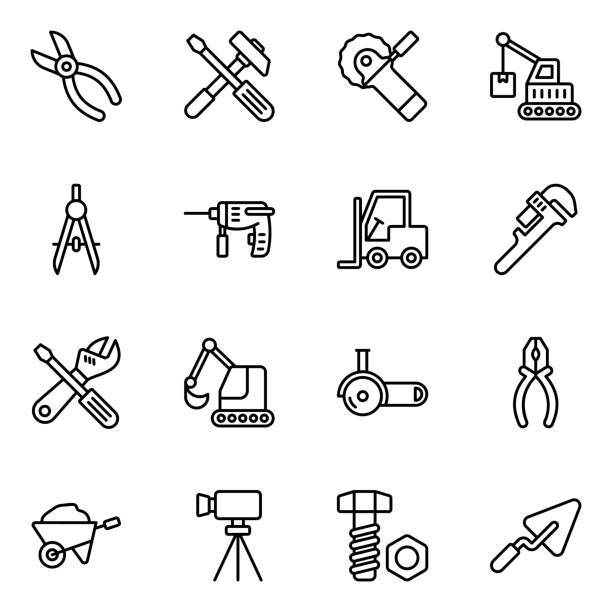 ilustraciones, imágenes clip art, dibujos animados e iconos de stock de paquete de iconos de línea de herramientas de construcción - mulch