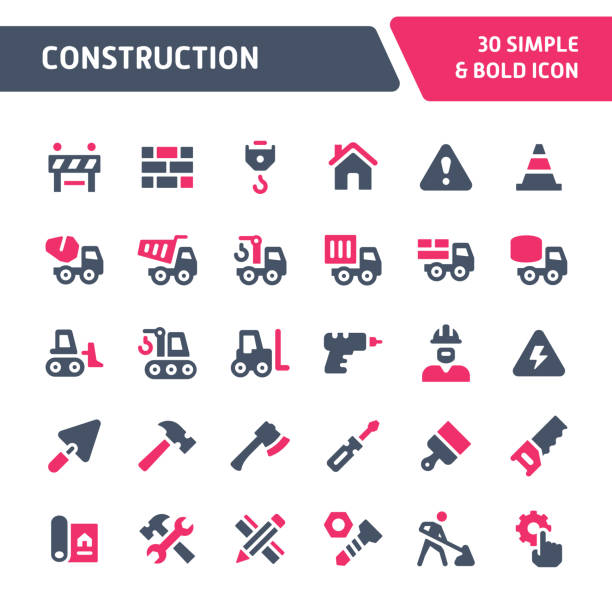 Construction Vector Icon Set. 30 Editable vector icons related to construction. Symbols such as crane, working tools, transportation & construction equipments are included. Still looks perfect in small size. concrete drawings stock illustrations