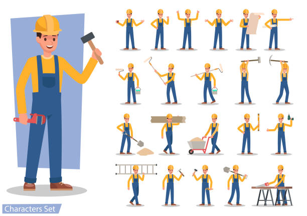 projekt wektora postaci pracownika budowlanego - builder stock illustrations