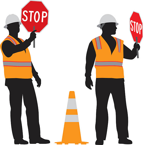 Construction Worker Holding Stop Sign Silhouette Vector silhouette of a construction worker wearing a reflective vest and a holding stop sign standing next to an orange safety cone. traffic silhouettes stock illustrations