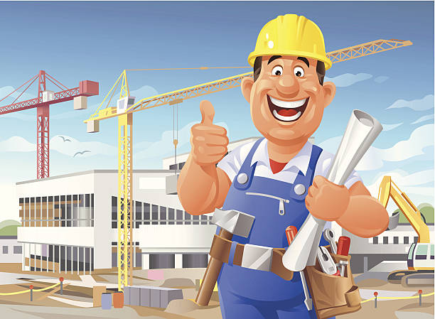 строительство работник на месте - смотреть в объектив stock illustrations