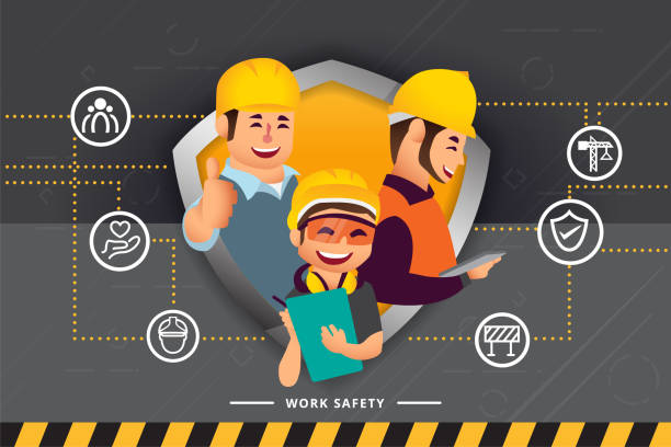 ilustrações, clipart, desenhos animados e ícones de equipe dos trabalhadores e dos coordenadores da construção que trabalham junto e rede dos conceitos: segurança do trabalho - segurança do trabalho