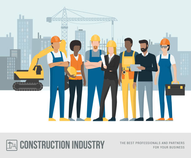 stockillustraties, clipart, cartoons en iconen met werknemers in de bouw en ingenieurs - bouwvakker