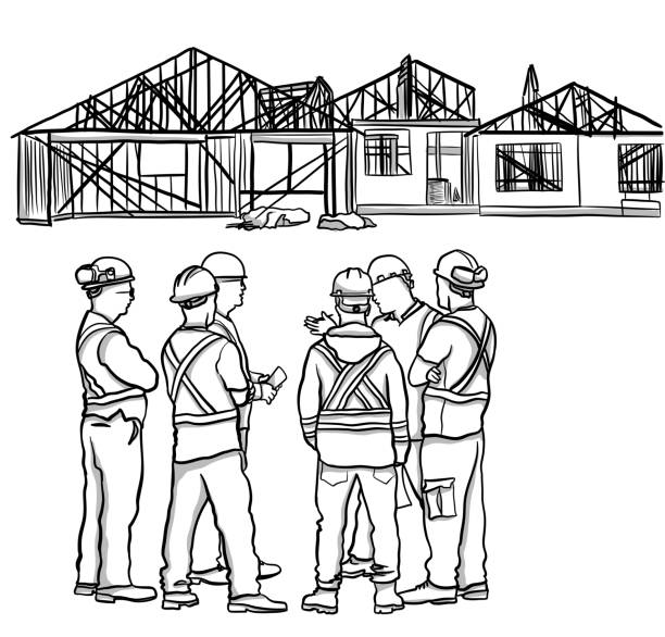 Construction Workers Meeting Several construction workers going over the plans concrete clipart stock illustrations