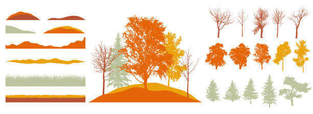 Constructor kit. Silhouettes of beautiful bare trees, birch, fir, other trees, grass, hill. Creation of autumn beautiful park, forest, landscape, woodland, collection of element. Vector illustration. Constructor kit. Silhouettes of beautiful bare trees, birch, fir, other trees, grass, hill. Creation of autumn beautiful park, forest, landscape, woodland, collection of element. Vector illustration. autumn silhouettes stock illustrations