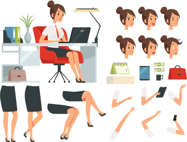 Constructor of business woman. Cartoon mascot creation kit of business woman Constructor of business woman. Cartoon mascot creation kit of business woman. Pose animation and create gesture hand and leg. Vector illustration avatar borders stock illustrations