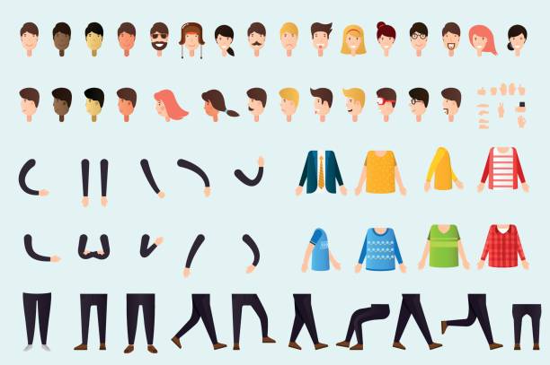 Constructor of people body Set of different body parts, emotions, hands, legs clothes avatar patterns stock illustrations