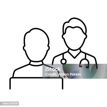 istock Consultation of Patient and Doctor with Stethoscope Line Icon. Hospital Physician Counseling Patient Linear Pictogram. Health Care Dialog Outline Icon. Editable Stroke. Isolated Vector Illustration 1366765838