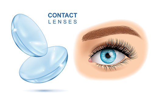 Contact Eyes Lenses with Human Eye on white background, realistic vector illustration