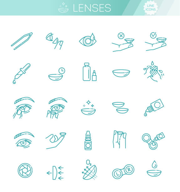 kontakt lensler simge seti. düz tasarım stili - lens stock illustrations