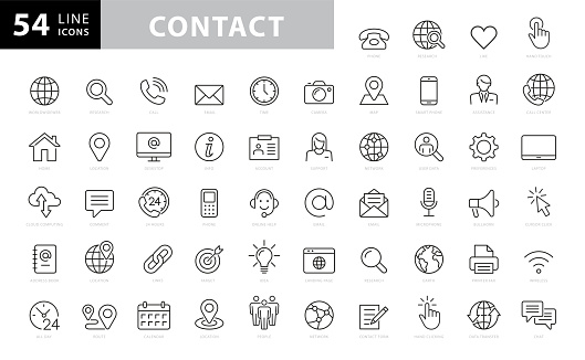 Contact Line Icons. Editable Stroke. Pixel Perfect. For Mobile and Web. Contains such icons as Smartphone, Messaging, Email, Calendar, Location. stock illustration