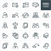 A set of contact icons that include editable strokes or outlines using the EPS vector file. The icons include a telephone, email, letter, person talking on mobile phone, person chatting with another person on computer, video conference, customer support representative, social media, word of mouth, person using a bullhorn and other related icons.
