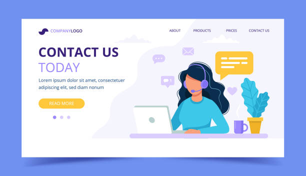 Contact us landing page. Woman with headphones and microphone with computer. Concept illustration for support, assistance, call center. Vector illustration in flat style Vector illustration in flat style service stock illustrations