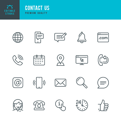 Contact Us - thin line vector icon set. Editable stroke. Pixel Perfect. 20 line icon. Set contains such icons as Support, Globe, Location, Feedback, Message, Telephone, Calendar, Mail, Site, Notification.