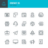 Contact Us - thin line vector icon set. 20 linear icon. Pixel perfect. Editable outline stroke. The set contains icons: Contact Us, IT Support, Chat, Instructions, Headset, E-Mail, Archive, Message, Life Belt, News, Portfolio.
