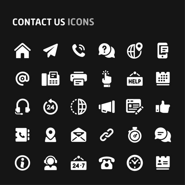 Contact Us Vector Icon Set. Vector icons related to website and online contact, white isolated over black background. Symbols such as contact method and contact form are included in this set. Editable vector icon, still looks perfect in small size. touching stock illustrations