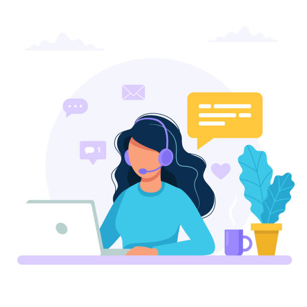 Contact us. Woman with headphones and microphone with computer. Concept illustration for support, assistance, call center. Vector illustration in flat style Contact us. Woman with headphones and microphone with computer. Concept illustration for support, assistance, call center. Vector illustration in flat style customer stock illustrations