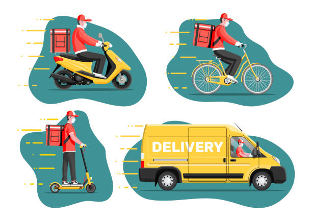 Contactless delivery concept. Contactless delivery concept. Courier wearing face mask and gloves. Set of delivery man on van, scooter, motorbike, bicycle during coronavirus quarantine. Cargo and logistic. Flat vector illustration home delivery stock illustrations