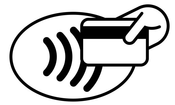 Contactless payment credit card and hand tap vector logo. NFC contactless pay wave, pay pass ATM POS terminal icon Contactless payment credit card and hand tap vector logo. NFC contactless pay wave, pay pass ATM POS terminal icon approaching stock illustrations