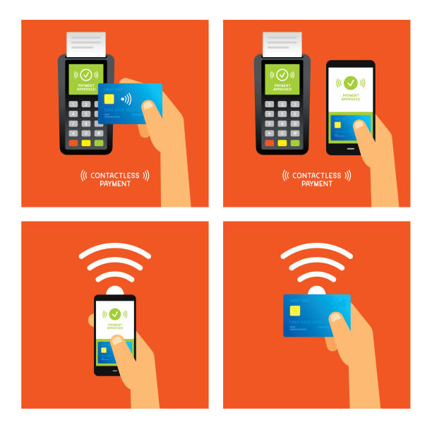 Contactless payment Editable set of vector illustrations on layers. credit card reader stock illustrations