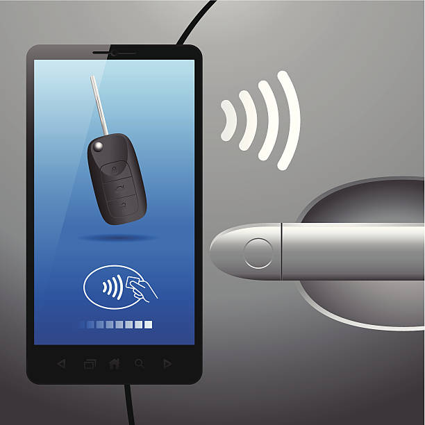 Contactless technology with car, bluetooth, NFC (near field communication) Smartphone and car connected together with the new contactless technology, (bluetooth, NFC near field communication,...) open car door stock illustrations