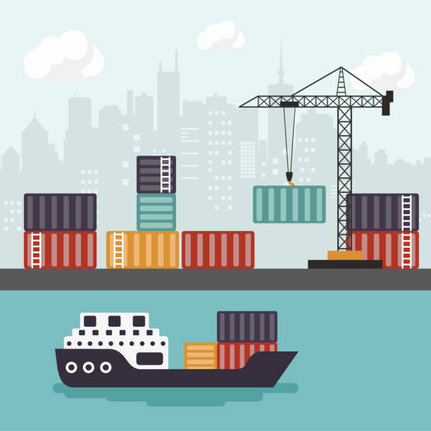 ilustrações de stock, clip art, desenhos animados e ícones de container ship at freight port terminal unloading. merchant marine. flat vector illustration - porto