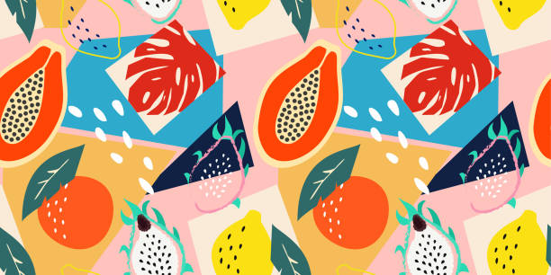 현대 추상 꽃 매끄러운 패턴입니다. 현대 이국적인 열대 과일과 식물. 벡터 컬러 디자인입니다. - 모던 양식 stock illustrations