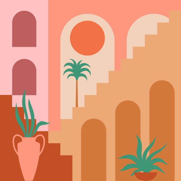 Contemporary aesthetic background with flat geometry architecture, Moroccan stairs, walls, arch, arc, plants, Sun. Boho style. Mid Century modern abstract print. Earthy tone, terracotta colors. Vector illustration arch architectural feature illustrations stock illustrations