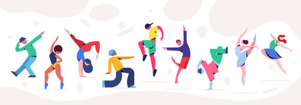 Contemporary and classical dancing set. Dancer character design. Flat vector illustration. Contemporary and classical dancing set. Dancer character design. Flat vector illustration. Modern dance styles. Hip-hop, break, ballet, house, jazz, funk, popping dancing icons stock illustrations