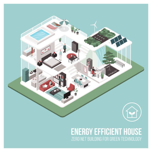 stockillustraties, clipart, cartoons en iconen met hedendaagse energie efficiënt huis interieurs - duurzaam bouwen