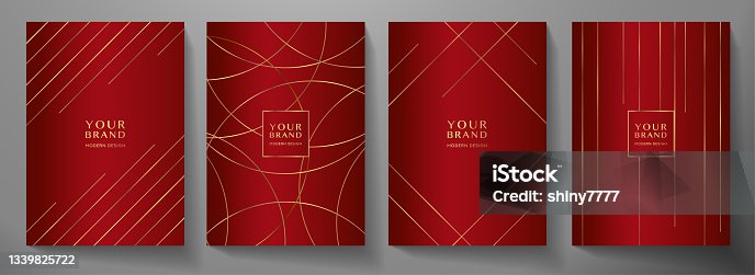 istock Contemporary red cover design set. Luxury dynamic gold circle, line pattern 1339825722