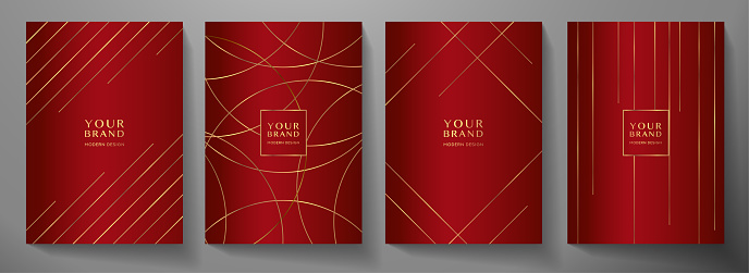 Contemporary red cover design set. Luxury dynamic gold circle, line pattern
