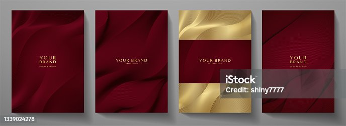 istock Contemporary technology cover design set. Luxury background with maroon line pattern (guilloche curves) 1339024278