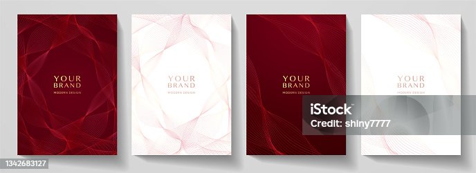 istock Contemporary technology cover design set. Luxury red background with black line pattern (guilloche curves) 1342683127