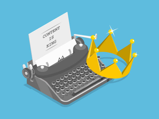 Content is king flat isometric vector concept. Content is king flat isometric vector concept. A typewriter with a crown, a papper sheet and caption CONTENT IS KING on it. contented emotion stock illustrations