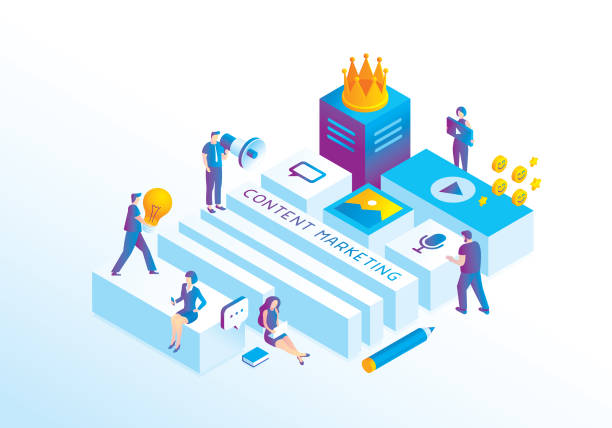 Content marketing Editable isometric vector illustration on layers. 
This is an AI EPS 10 file format, with gradients and transparency effects. contented emotion stock illustrations