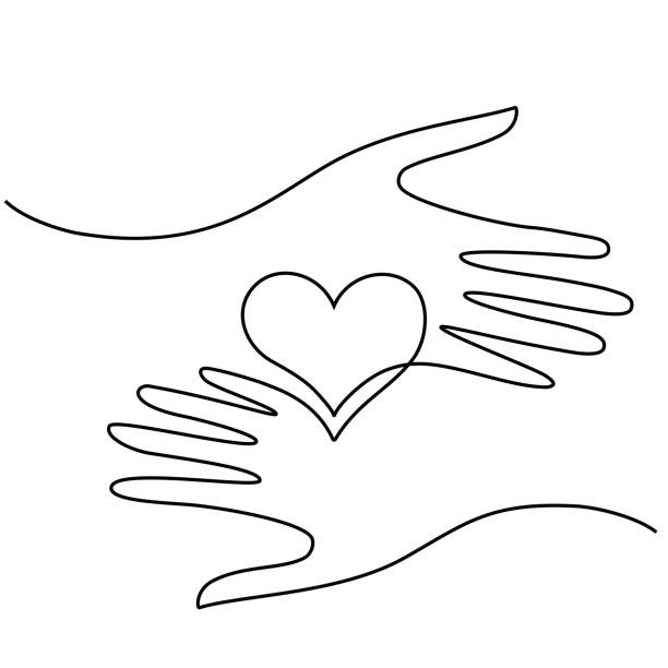 Continuous Heart Vector Illustration, One Line Art Love Symbol Continuous thin line heart in hands vector illustration, minimalist love sketch doodle. One line art valentine icon with palms, single wedding outline drawing or simple heart logo hand designs stock illustrations