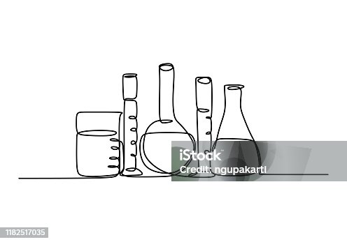 istock Continuous line art drawing chemical science flask. Scientific technology research medicine glass equipment design one sketch outline drawing vector illustration 1182517035