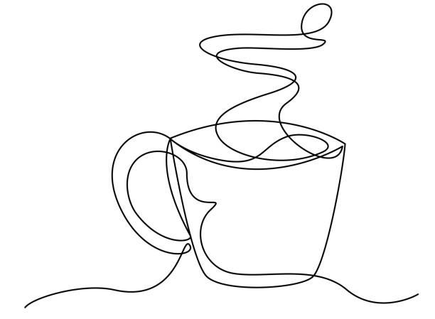 Continuous line art or One Line Drawing of hot coffee and smoke vector art illustration