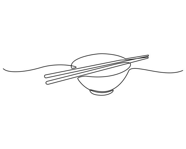 Continuous line drawing. bowl with a pair of isolated chopsticks on a white background. Vector Continuous line drawing. bowl with a pair of isolated chopsticks on a white background. Vector chopsticks stock illustrations