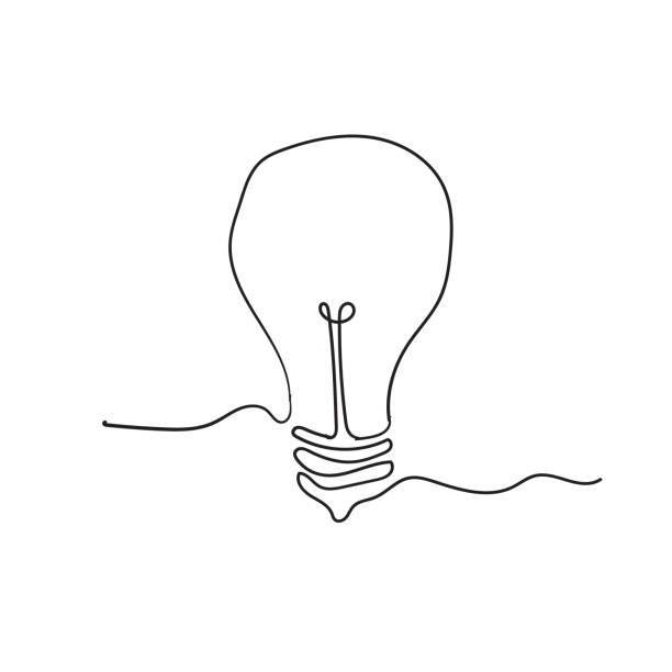 연속 선 그리기. 전기 전구 와 손으로 그린 낙서 스타일 벡터 - 단일 객체 stock illustrations