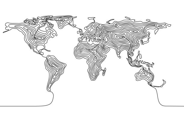 Continuous line drawing of a world map Continuous line drawing of a world map, single line flat Earth concept, template or icon travel drawings stock illustrations