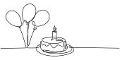 istock Continuous line drawing of birthday cake. A cake with sweet cream and candle. Celebration birthday party concept isolated on white background. Hand drawn vector design illustration 1255536838