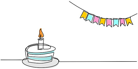 Continuous line drawing of birthday cake. A cake with sweet cream and candle. Celebration birthday party concept isolated on white background. Hand drawn vector design illustration