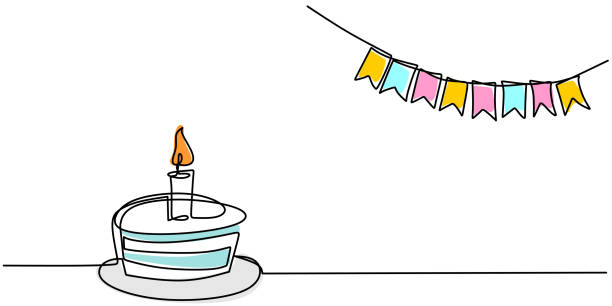 Continuous line drawing of birthday cake. A cake with sweet cream and candle. Celebration birthday party concept isolated on white background. Hand drawn vector design illustration Continuous line drawing of birthday cake. A cake with sweet cream and candle. Celebration birthday party concept isolated on white background. Hand drawn vector design illustration anniversary icons stock illustrations