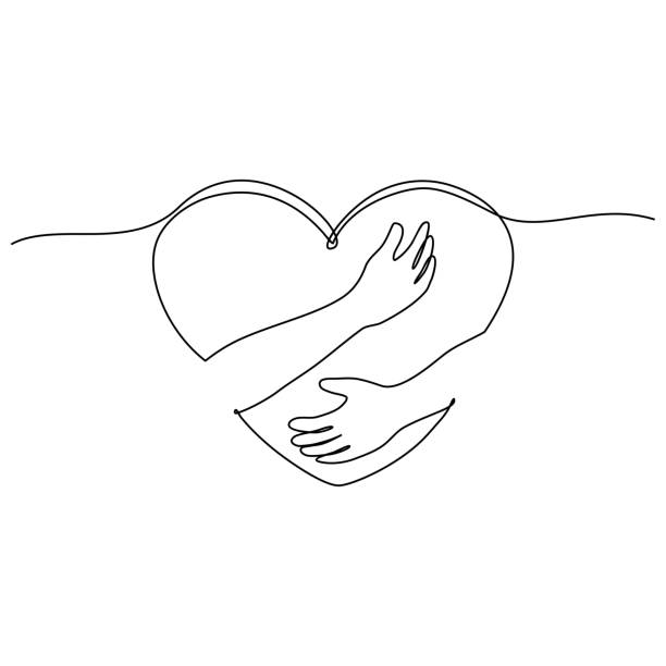 continuous line drawing of hand hugging heart, hug. Vector continuous line drawing of hand hugging heart, hug. Vector gift drawings stock illustrations