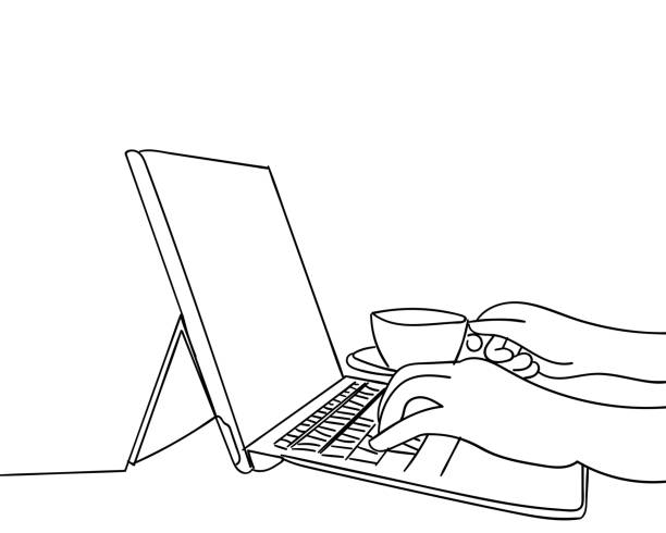 continuous line drawing of hands typing on laptop computer Line drawing of hands typing on laptop computer drawn by hand. laptop backgrounds stock illustrations