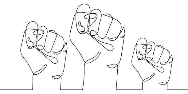 抗議して立ち上げられた3つの強い拳の連続的な線画。人間の腕のグループのベクトルイラストを描く1本の線。革命の概念、平等、人権のために戦う。人種差別を止める - 拳点のイラスト素材／クリップアート素材／マンガ素材／アイコン素材